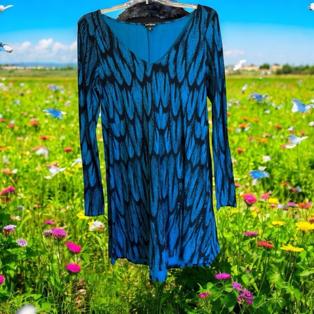 Express Feather Print Long-sleeved Dress Size Medium